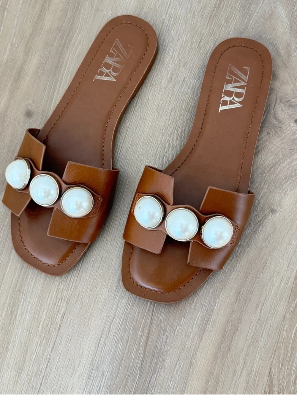 Zara Tan Slide Sandals with Pearl Accents